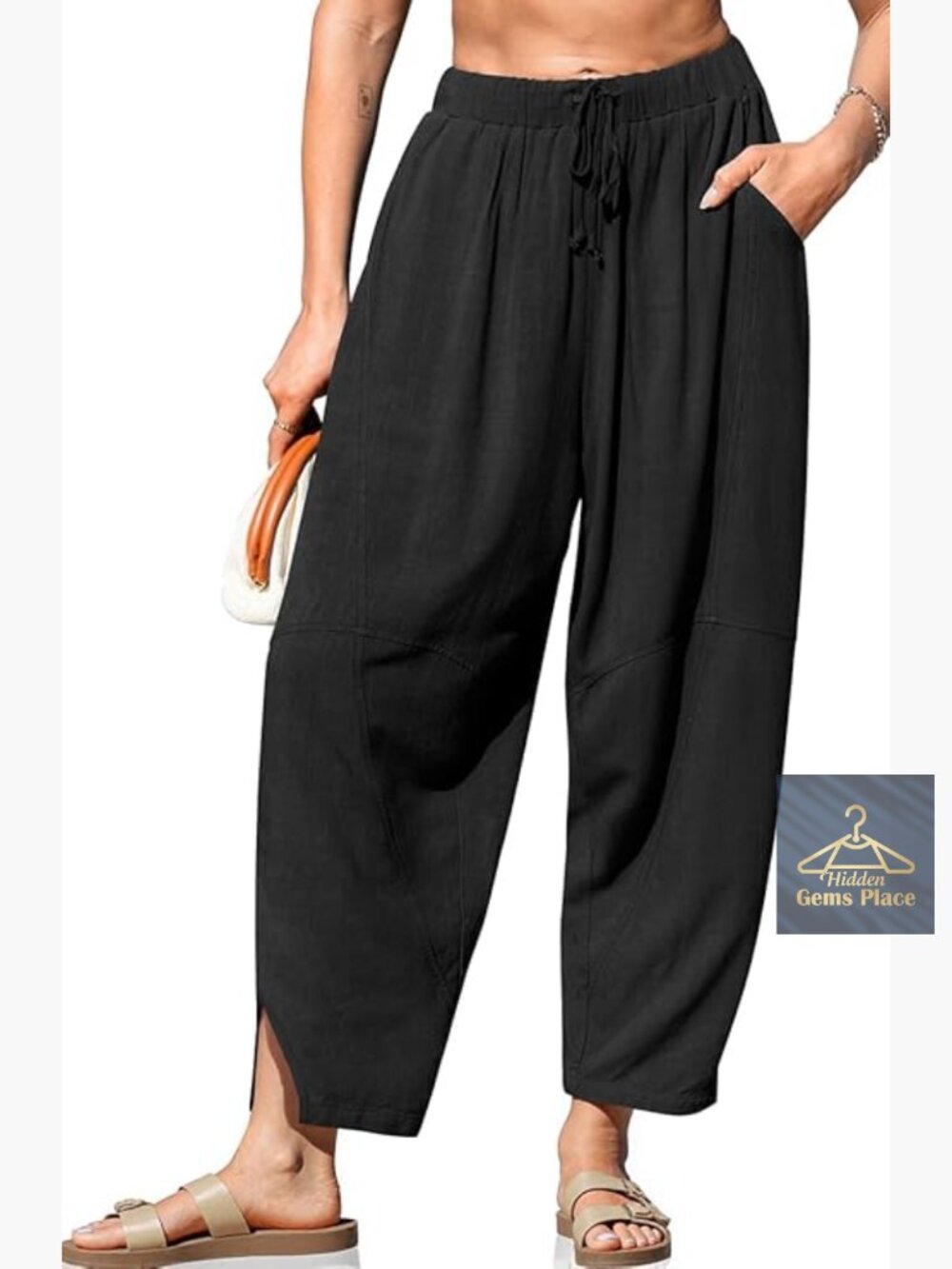 Linen Harem Pants Wide Leg Cropped Drawstring Elastic Waist Casual Pockets